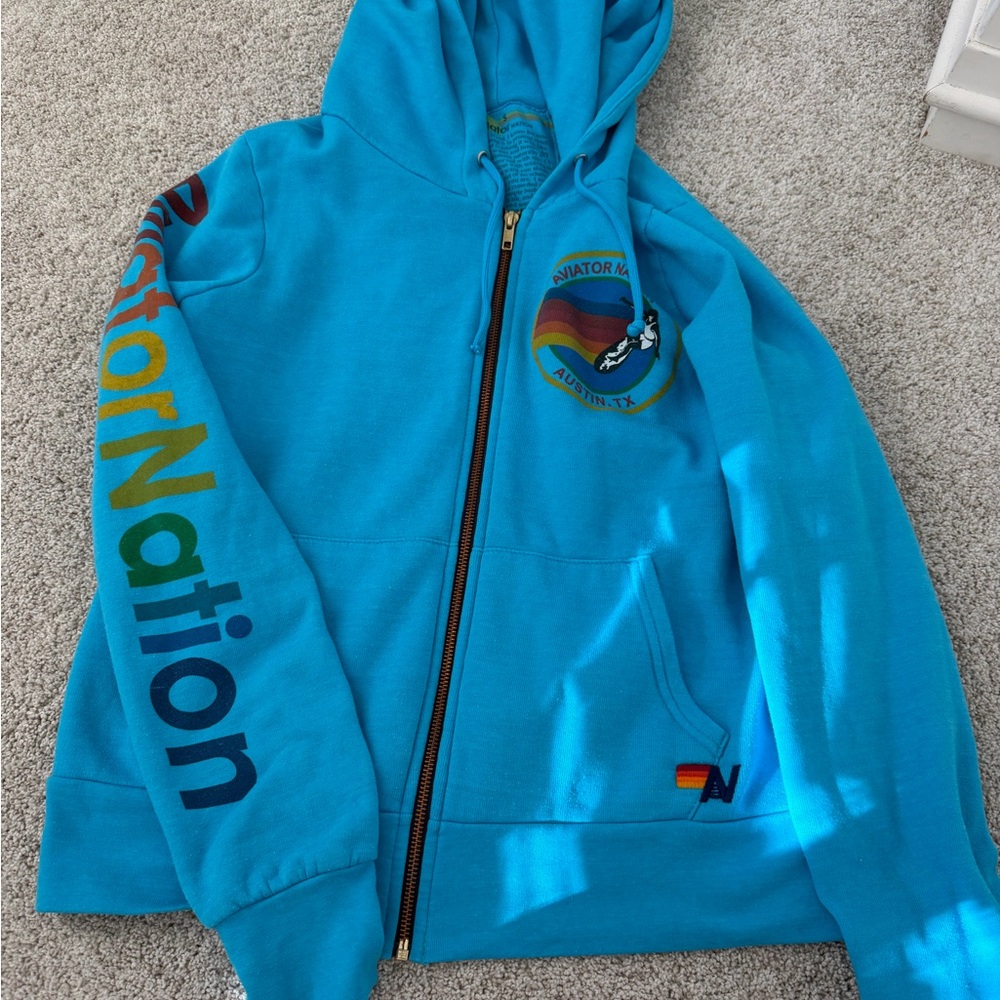 Aviator Nation Blue Hoodie with Rainbow Details